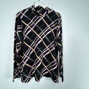 Chico's Touch of Cool Plaid Mock Neck Layering Tee Size 2, US Large Black Purple